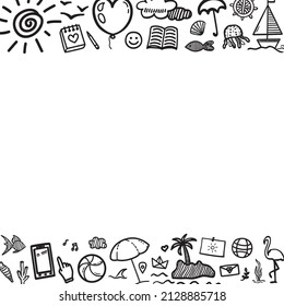 Hand drawn black holiday elements on white. Summer holidays. Signs and symbols. Banner design. Black and white illustration
