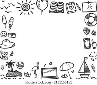 Handgezeichnete schwarze Urlaubselemente auf Weiß. Sommerferien. Freehand-Banner-Design