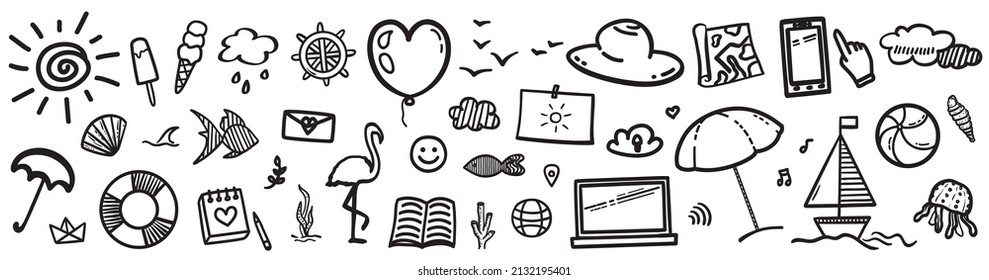 Hand drawn black holiday elements on white. Summer holidays. Freehand web banner
