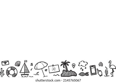 Hand drawn black holiday elements on white. Summer holidays. Freehand web banner. Elements are drawn in a linear style. Black and white illustration