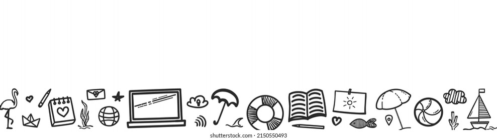 Hand drawn black holiday elements on white. Summer holidays. Freehand web banner. Elements are drawn in a linear style. Black and white illustration
