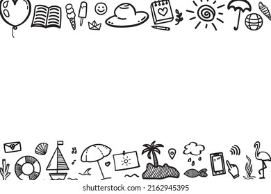 Hand drawn black holiday elements on white. Summer holidays. Freehand web banner design