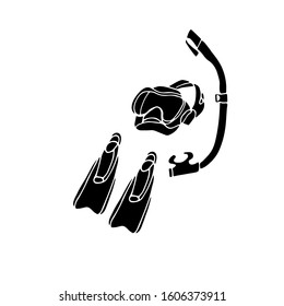 Hand drawn black icon, logo template. Vector illustration of snorkeling set isolated on white background.  Flippers, mask and snorkel silhouettes.