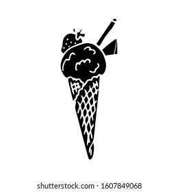 Hand drawn black icon, logo template. Vector illustration of an ice cream silhouette ball in a cone decorated with strawberry and wafer roll isolated on white background.