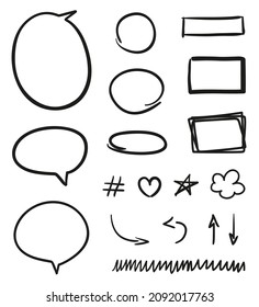 Hand drawn black infographic elements on white. Abstract doodles. Line art. Set of different shapes. Abstract signs and symbols. Black and white illustration