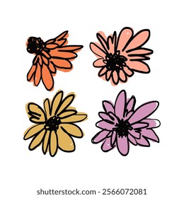 Hand drawn black ink abstract wild flowers composition print isolated on white background. Colorful scribble style daisy blooms card. Sketchy minimalist floral designs collection.