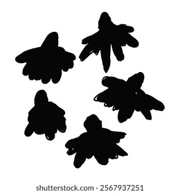 Hand drawn black ink abstract wild flowers silhouettes set isolated on white background. Monochrome scribble style daisy blooms bundle. Sketchy minimalist floral designs collection.