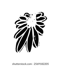 Hand drawn black ink abstract daisy flower silhouette isolated on white background. Monochrome scribble style bloom. Sketchy minimalist floral design.