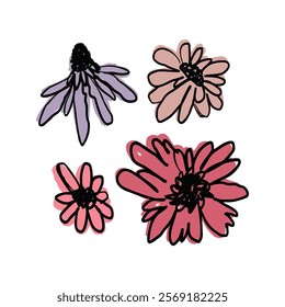 Hand drawn black ink abstract wild flowers composition print isolated on white background. Colorful scribble style daisy blooms card. Sketchy minimalist floral designs collection.