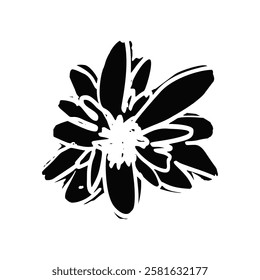 Hand drawn black ink abstract daisy flower silhouette isolated on white background. Monochrome scribble style bloom. Sketchy minimalist floral design.