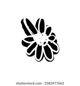 Hand drawn black ink abstract daisy flower silhouette isolated on white background. Monochrome scribble style bloom. Sketchy minimalist floral design.