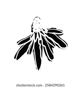 Hand drawn black ink abstract daisy flower silhouette isolated on white background. Monochrome scribble style bloom. Sketchy minimalist floral design.