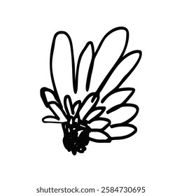 Hand drawn black ink abstract daisy flower isolated on white background. Monochrome scribble style bloom. Sketchy minimalist floral design.