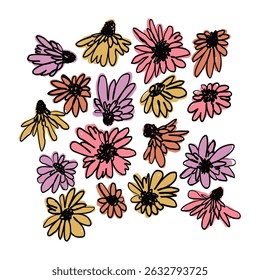 Hand drawn black ink abstract wild flowers composition print isolated on white background. Colorful scribble style daisy blooms card. Sketchy minimalist floral designs collection.