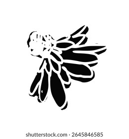 Hand drawn black ink abstract daisy flower silhouette isolated on white background. Monochrome scribble style bloom. Sketchy minimalist floral design.