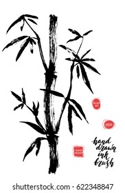 Hand drawn black ink bamboo tree branch. Traditional dry calligraphic brush painting. 