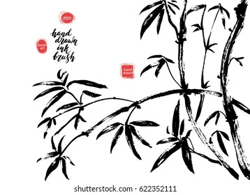 Hand drawn black ink bamboo tree. Three young branches set. Traditional dry calligraphic brush painting. 