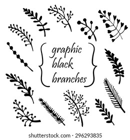 Hand drawn black ink branches vector illustration