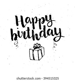 Hand drawn black ink brush lettering "Happy birthday" with gift box on white background. Vector calligraphy for your design: greeting cards, banners, gift tags and etc.