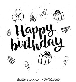 Hand drawn black ink brush lettering "Happy birthday" with gift box on white background. Vector calligraphy for your design: greeting cards, banners, gift tags and etc.