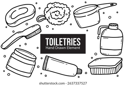 Hand drawn black ink doodle toiletries set, packaging design, line art, editable, soap, shampoo, scrub, ladle, brush, hygiene