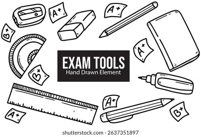 Hand drawn black ink doodle exam supplies set, packaging design, line art, editable