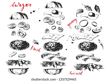 Hand drawn black ink fast food illustration. Yummy classic burger, cheeseburger and low carb burger constructor with fried egg, lettuce, tomato, onion, cheese, meet cutlet, gherkin and bacon.