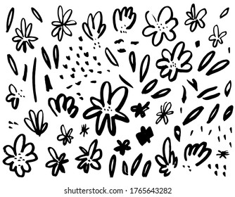 Hand drawn black ink flower set. Grunge dry paint rough brush strokes. Monochrome floral elements