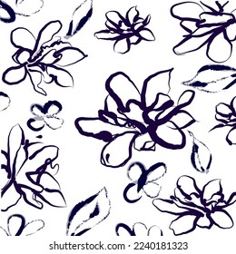 Hand drawn black ink flowers and leaves paint brush pattern background. Abstract black ink flowers painting and strokes, scribble lines background