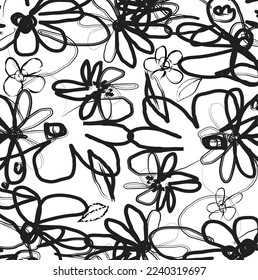 Hand drawn black ink flowers and leaves paint brush pattern background. Abstract black ink flowers painting and strokes, scribble lines background