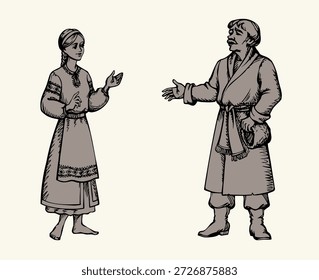 Handgezeichnete schwarze Tinte Linie vorbei Alter junge glückliche Freude arme menschliche ältere Elternteil treffen Frau stehen heben Arm aussehen Liebe Zeichen Symbol. Ostasiatische Bettler Kerl Vater Kleid ethnischen Mantel Robe halten, die Fragen erklären Mittleres Europa Russland Dame zeigen Umriss Cartoon Kunststil