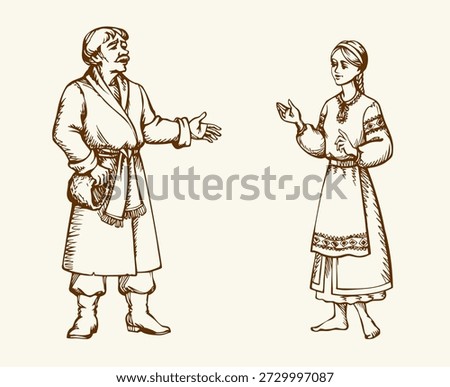 Hand drawn black ink line past age young happy joy poor human elder parent meet wife stand raise arm look love sign icon. East Asian beggar guy dad dress ethnic coat robe hold hat ask explain Middle Europe Russia lady show outline cartoon art style