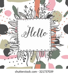 Hand drawn black ink nature frame with leaf, brunch, flower. Freehand ink colors background