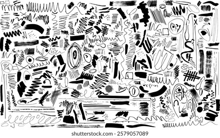 Hand drawn black ink Scribbles, lines, circles, and Squiggles Vectors