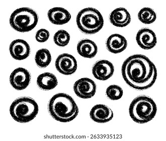 Hand Drawn Black Ink Spirals. Grunge Doodle Swirl Elements. Sketchy ink swirl shapes in various sizes, isolated on white background. Perfect for abstract designs, modern grunge art, posters, t shirt