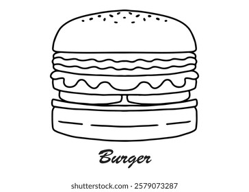 Hand drawn black ink vector burger. minimalist design, symbols, food, delicious, cute, coloring pages