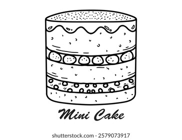 Hand drawn black ink vector mini cake. minimalist design, symbols, food, delicious, cute, coloring pages, black and white