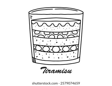 Hand drawn black ink vector tiramisu. minimalist design, symbols, food, delicious, cute, coloring pages, black and white