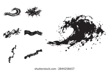 hand drawn black ink wave vector collection featuring artistic brush strokes and dramatic splashes isolated for creative design projects
