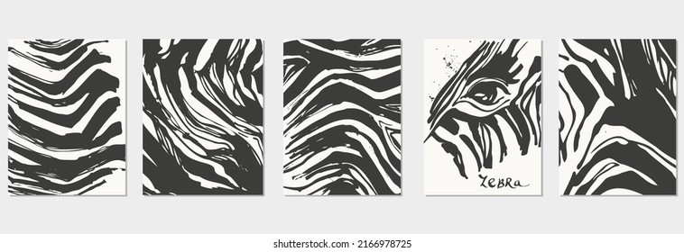 Hand drawn black ink zebra skin texture. Safari animal abstract striped background. Poster print set, wall art, fashion design. Grunge sketch, african nature pattern.