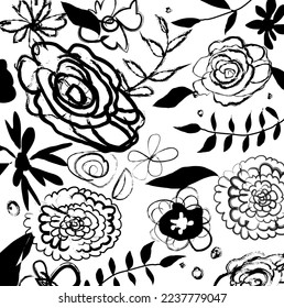 Hand drawn black inks flowers and leaves paint brush pattern background. Abstract black  color flowers paint brush and strokes, scribble lines background. Nice doodle flowers and leaves.