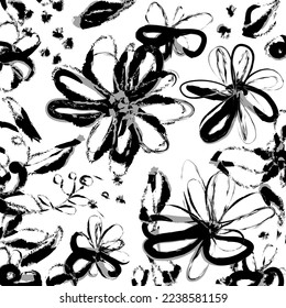 Hand drawn black inks flowers and leaves paintbrush seamless pattern background. Abstract black  and white color flowers paint brush and strokes, scribble lines background