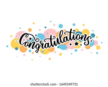 Hand drawn Black inscription lettering text "Congratulation" colorful balls on white background typography poster for postcard, icon, logo. Vector EPS 10 celebration. Motivational greetings for banner