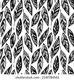 Hand drawn black leaves seamless pattern. Decorative leaves with veins, abstract botanical background. Vector grunge graphic design. Nature ornament for fabric, wrapping and textile. 