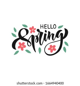 Hand drawn black lettering Hello spring. Spring season advertising. Template with pink flower for gift card, sale banner, web, poster. Vector illustration isolated on white background