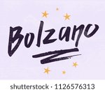 Hand drawn black lettering text Bolzano on violet background with stars. City in Italy. Modern calligraphy vector Illustration. Print for logo, travel, map, catalog, web site, poster, blog, banner.