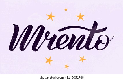 Hand drawn black lettering text Trento on violet background with stars. City in Italy. Modern calligraphy vector Illustration. Print for logo, travel, map, catalog, web site, poster, blog, banner.
