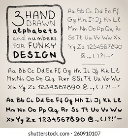 Hand drawn black letters and numbers on white background. Vector set