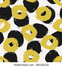 Hand drawn black and lime green circles seamless pattern. Dry brush round strokes repeat texture.