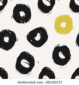 Hand drawn black and lime green circles seamless pattern. Dry brush round strokes repeat texture.